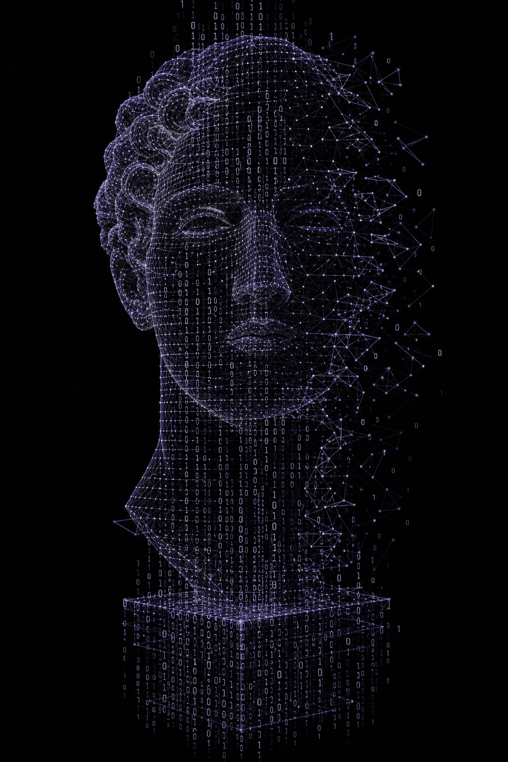 Busto digital construyéndose con una malla de código binario